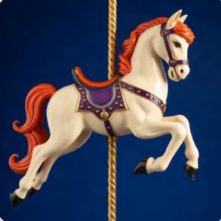 A carousel horse turning under warm bulbs